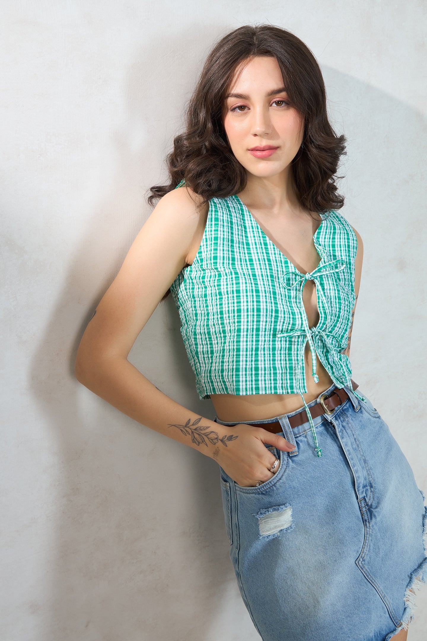 100% Cotton Green Top With Front Tie-Up