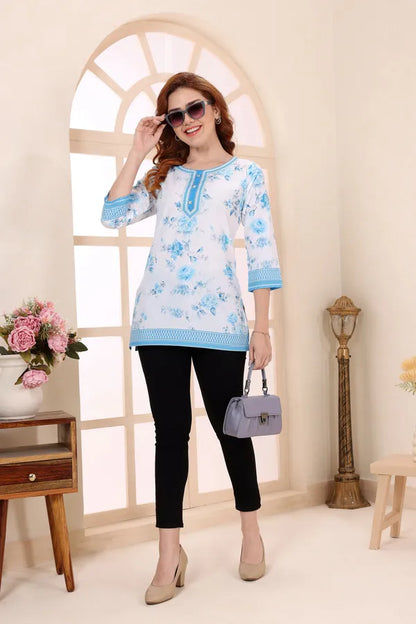 Sky Blue Cotton Short Kurti Tunic Top with Floral Print for Women
