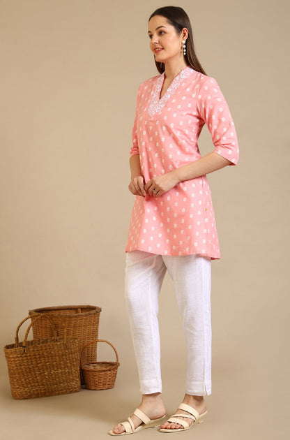 Pink Thread Embroidered Cotton Blend Straight Kurti