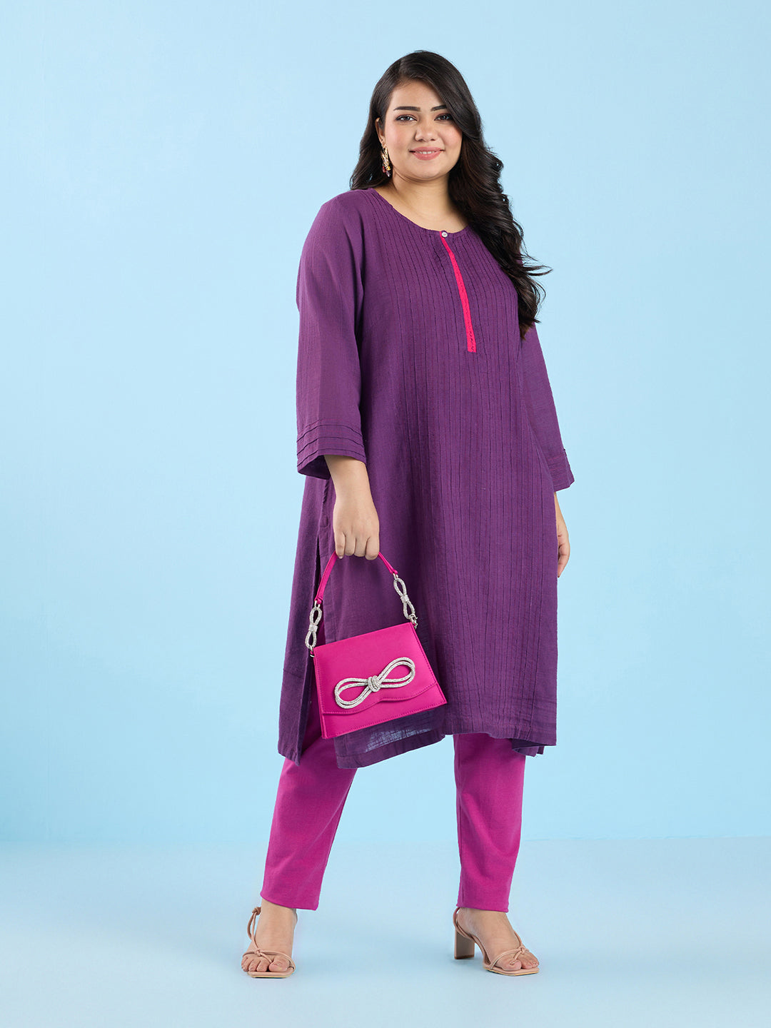 PLUS SIZE SOLID PURPLE PIN TUCK SLUB KURTA | XL - 6XL