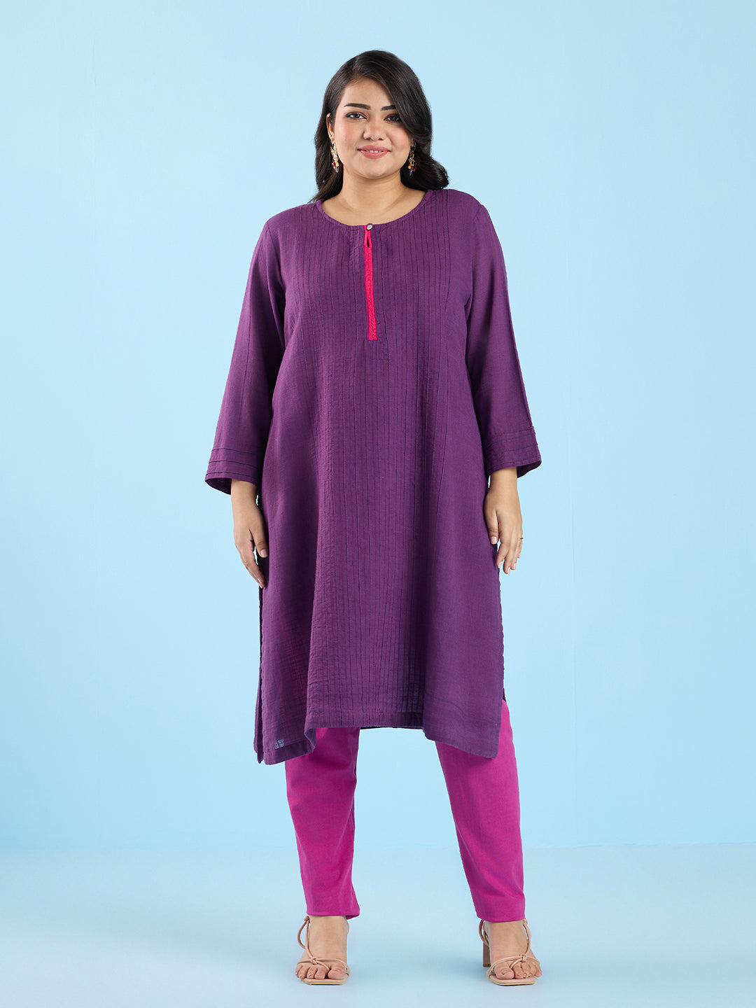 PLUS SIZE SOLID PURPLE PIN TUCK SLUB KURTA | XL - 6XL