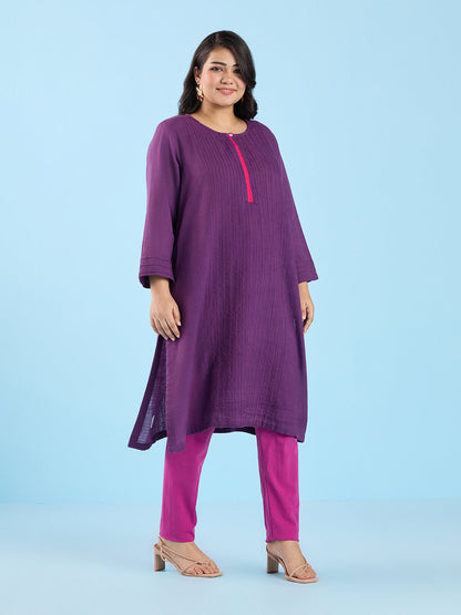 PLUS SIZE SOLID PURPLE PIN TUCK SLUB KURTA | XL - 6XL