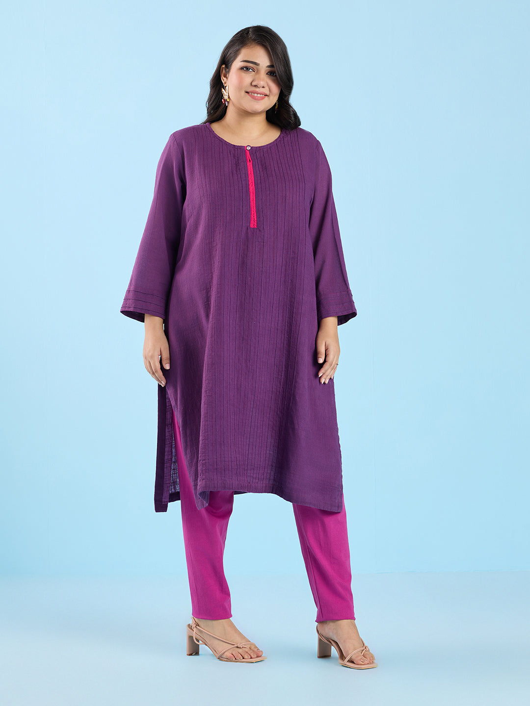 PLUS SIZE SOLID PURPLE PIN TUCK SLUB KURTA | XL - 6XL