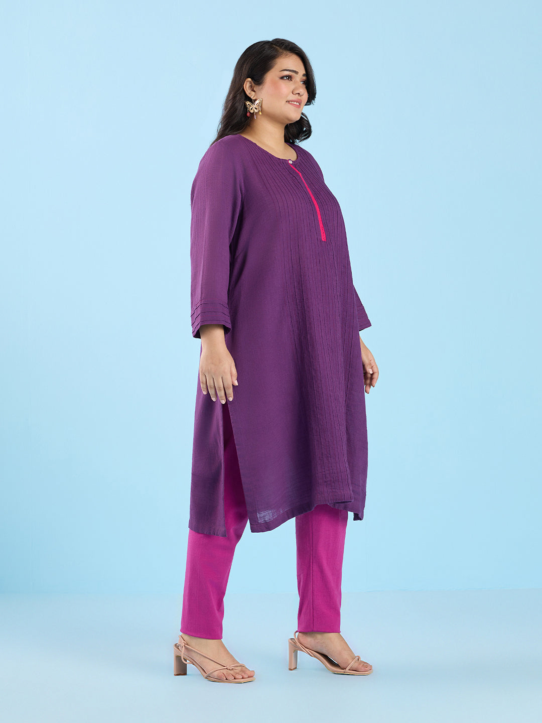PLUS SIZE SOLID PURPLE PIN TUCK SLUB KURTA | XL - 6XL