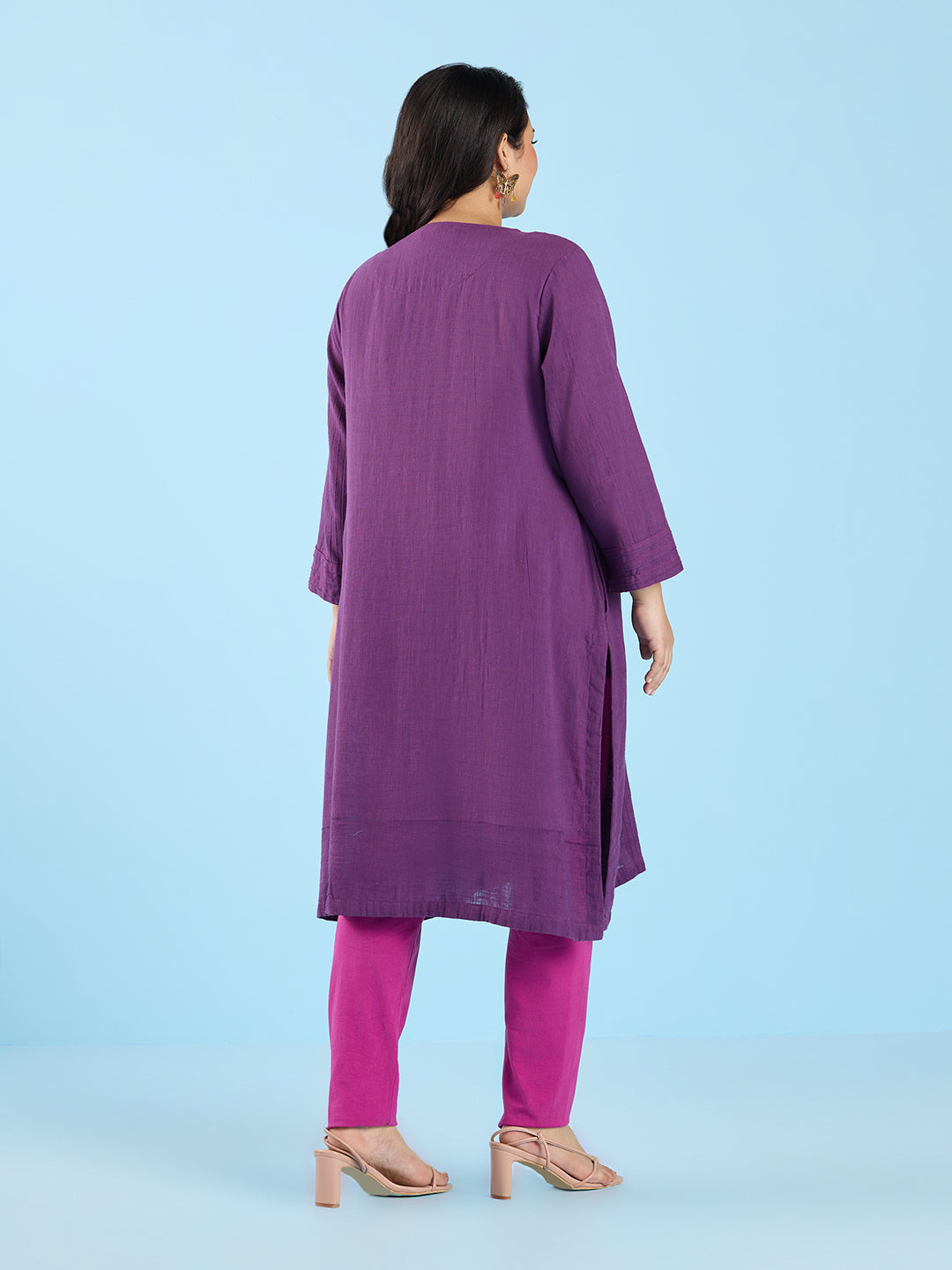 PLUS SIZE SOLID PURPLE PIN TUCK SLUB KURTA | XL - 6XL