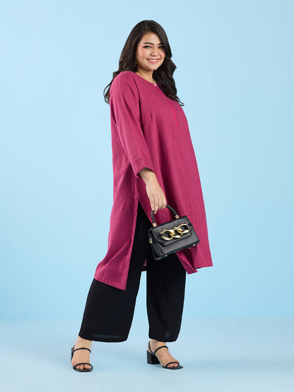 PLUS SIZE SOLID PINK PIN TUCK SLUB KURTA | XL - 6XL