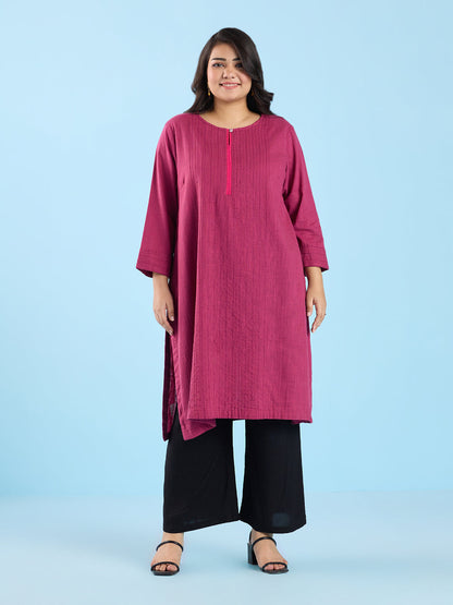 PLUS SIZE SOLID PINK PIN TUCK SLUB KURTA | XL - 6XL