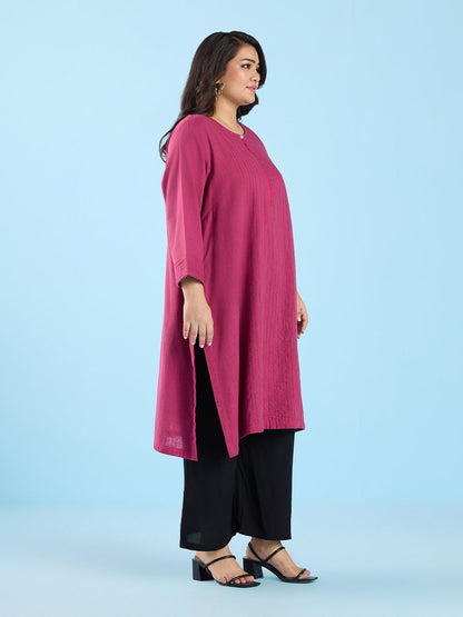 PLUS SIZE SOLID PINK PIN TUCK SLUB KURTA | XL - 6XL