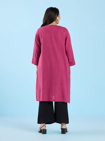 PLUS SIZE SOLID PINK PIN TUCK SLUB KURTA | XL - 6XL