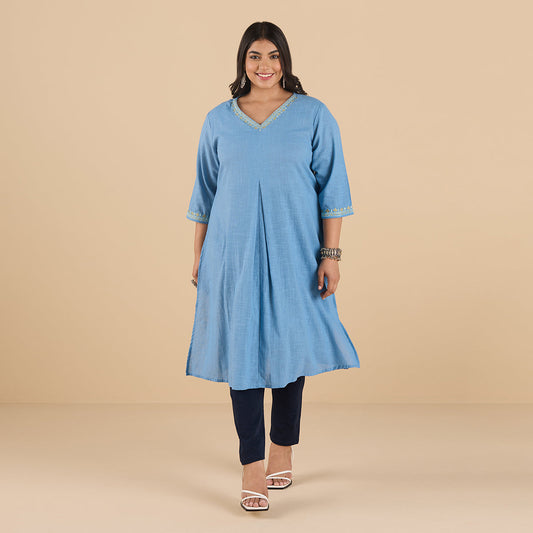 PLUS SIZE POWDER BLUE SLUB KURTA | XL - 6XL