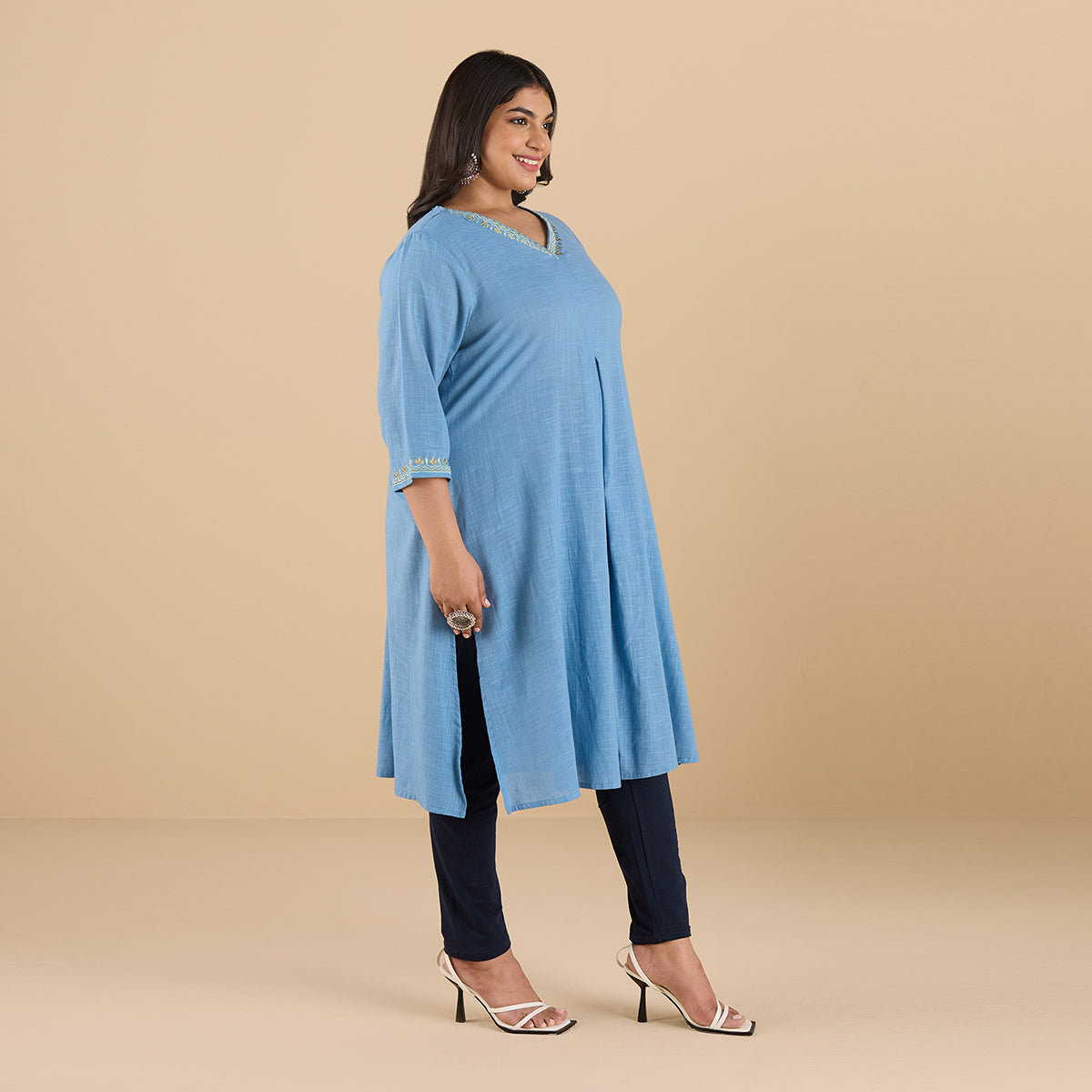 PLUS SIZE POWDER BLUE SLUB KURTA | XL - 6XL