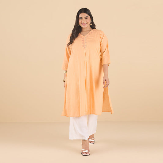 PLUS SIZE PASTEL CORAL ORANGE SLUB KURTA | XL - 6XL