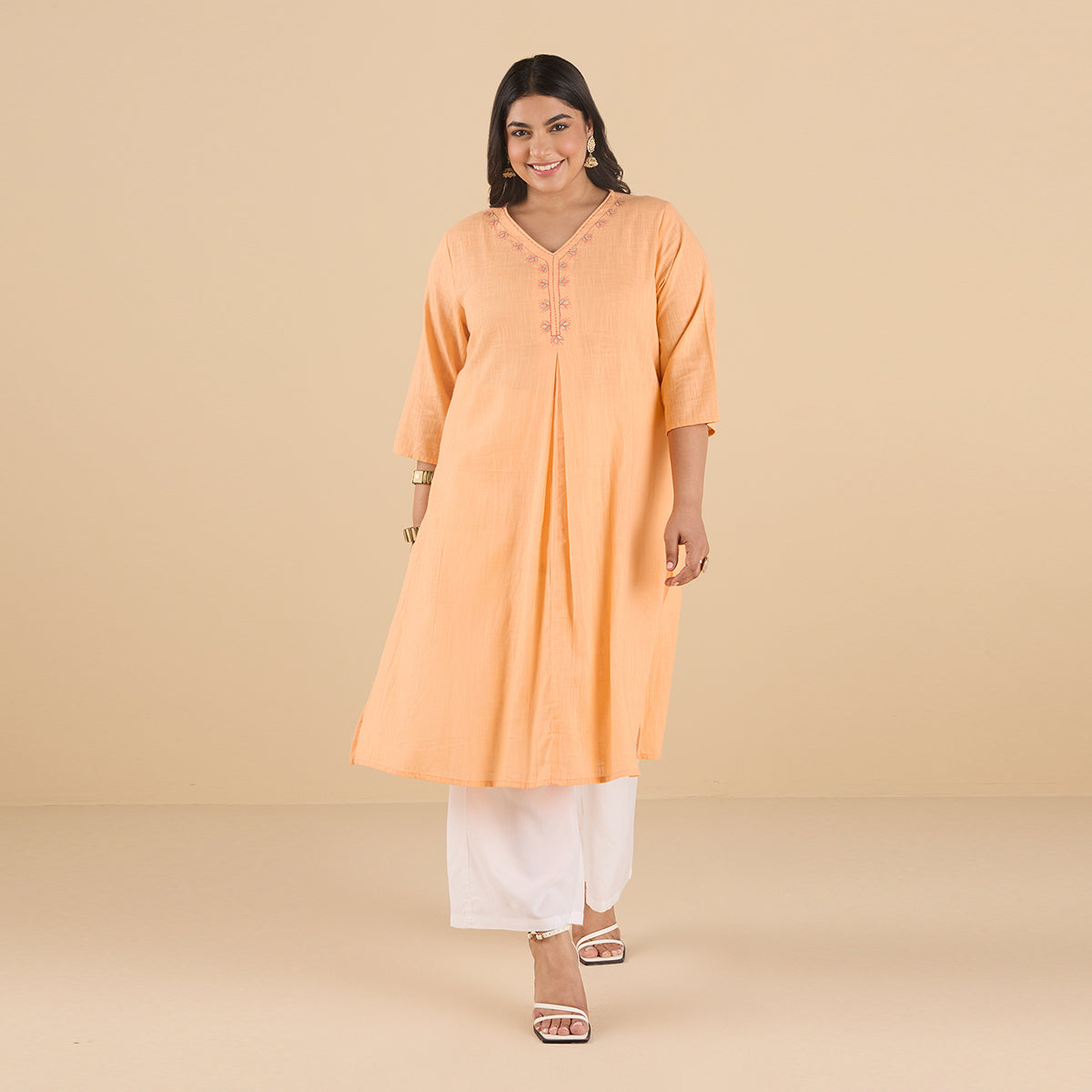 PLUS SIZE PASTEL CORAL ORANGE SLUB KURTA | XL - 6XL