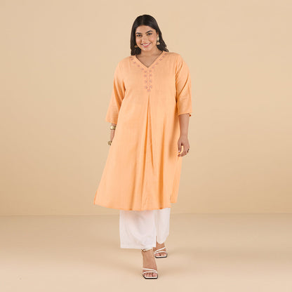 PLUS SIZE PASTEL CORAL ORANGE SLUB KURTA | XL - 6XL