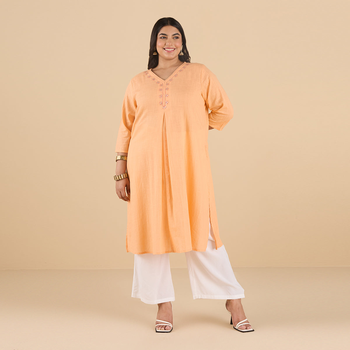 PLUS SIZE PASTEL CORAL ORANGE SLUB KURTA | XL - 6XL