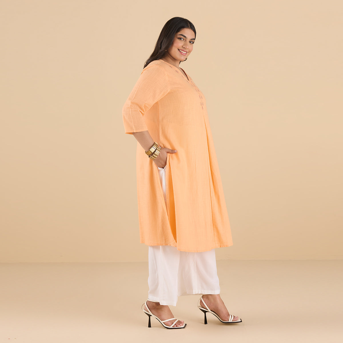 PLUS SIZE PASTEL CORAL ORANGE SLUB KURTA | XL - 6XL