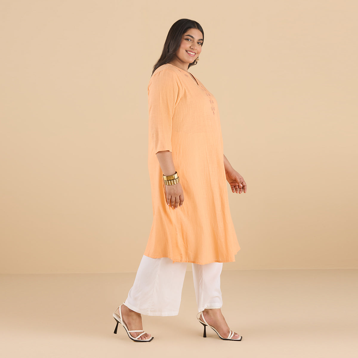 PLUS SIZE PASTEL CORAL ORANGE SLUB KURTA | XL - 6XL