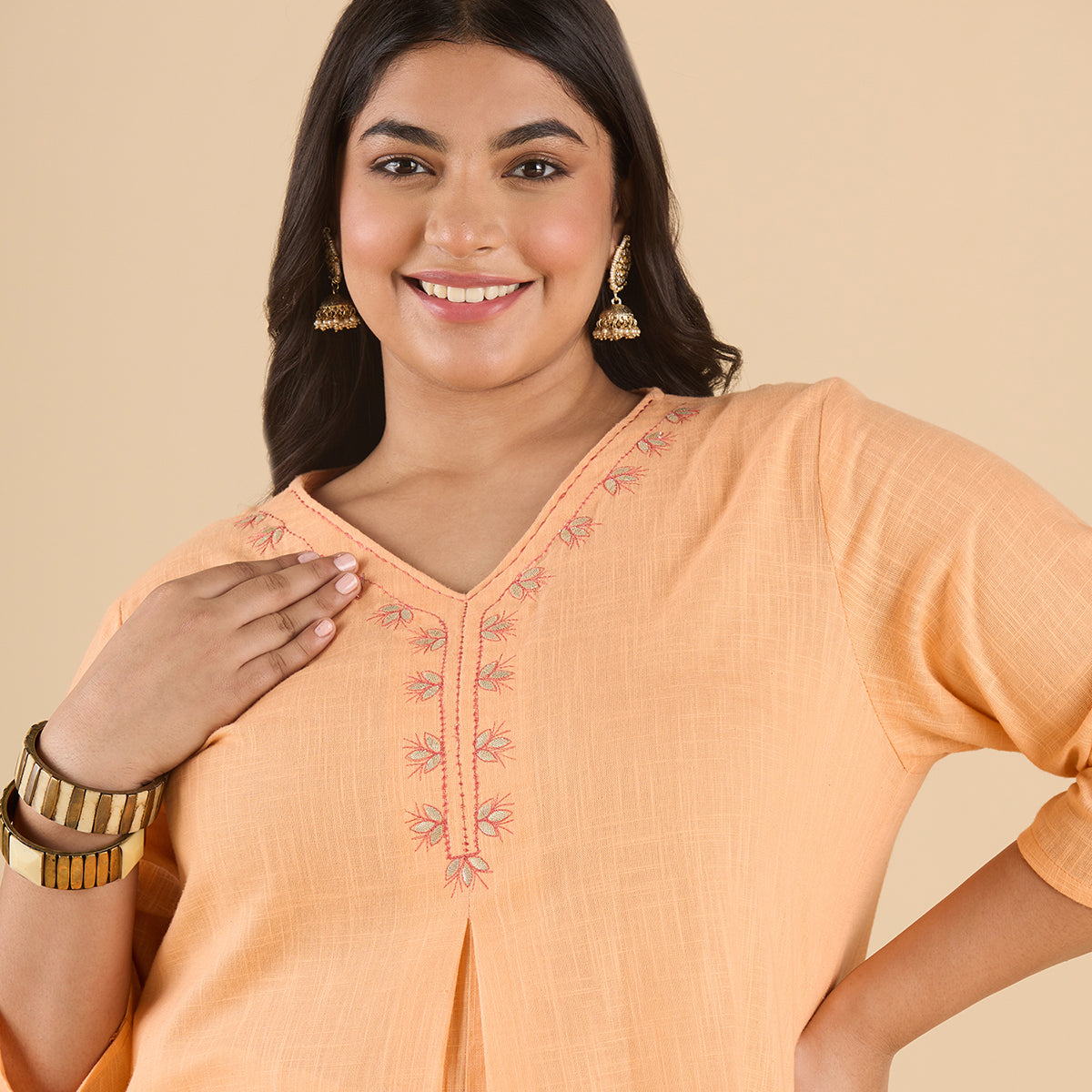 PLUS SIZE PASTEL CORAL ORANGE SLUB KURTA | XL - 6XL