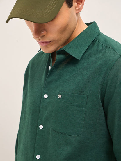 Men Slim Fit Solid Spread Collar Casual Cotton Linen Shirt