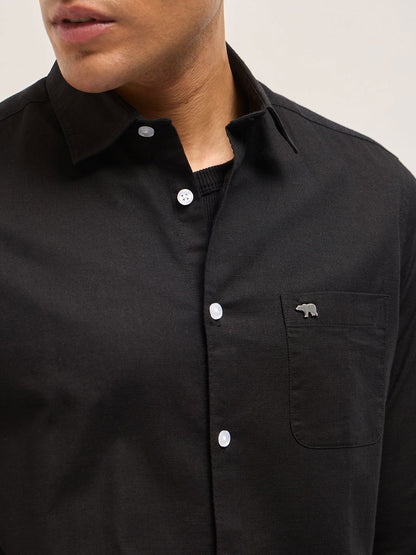 Men Slim Fit Solid Spread Collar Casual Cotton Linen Shirt