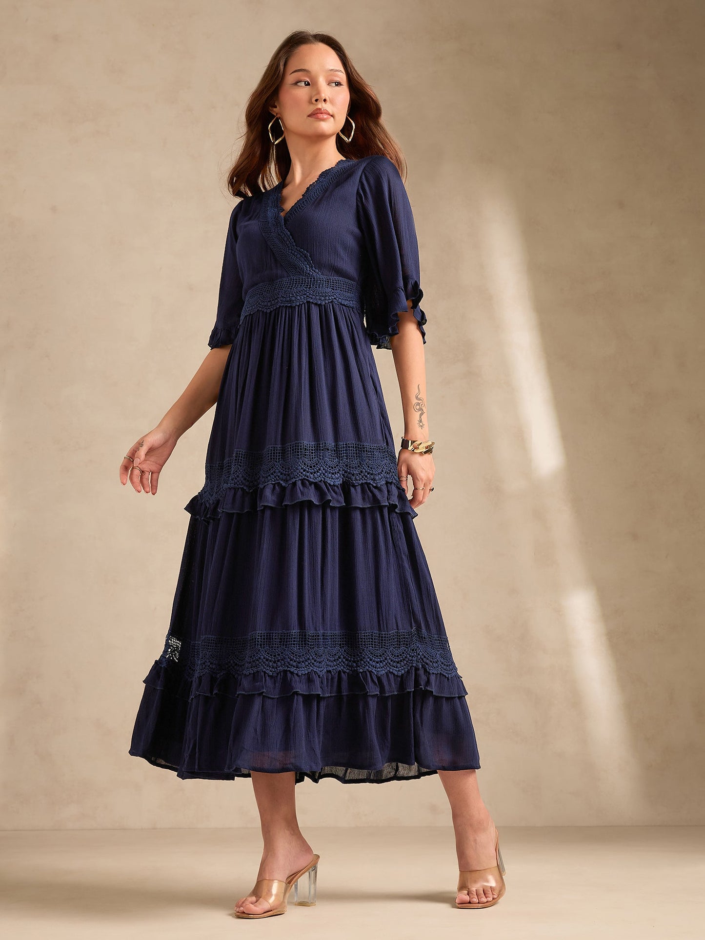 Navy Blue V Neck Mesh Detail Dress