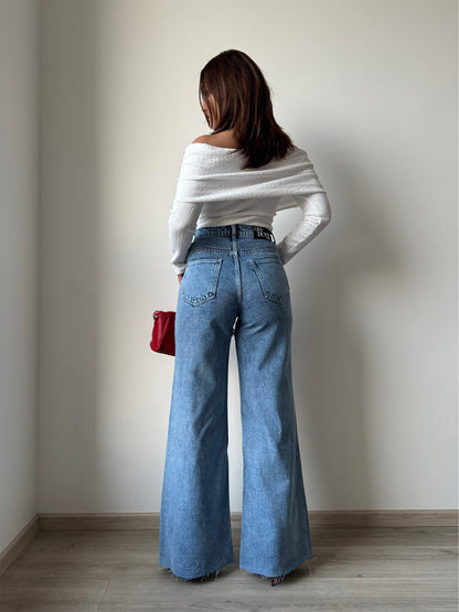 Raw Rip Stone Blue Wide Leg Jeans