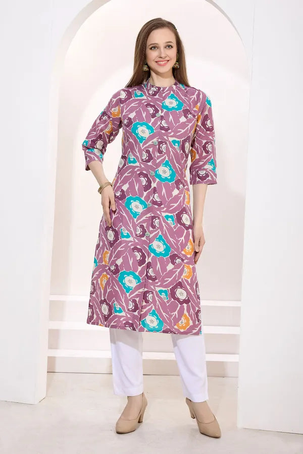 Wine Linen Cotton Women Long Kurta With Ban Collar
