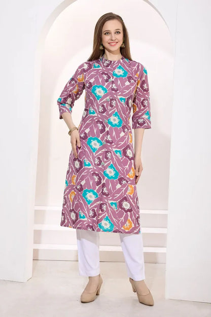 Wine Linen Cotton Women Long Kurta With Ban Collar