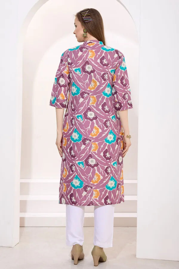 Wine Linen Cotton Women Long Kurta With Ban Collar