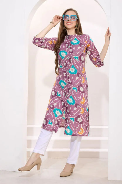 Wine Linen Cotton Women Long Kurta With Ban Collar