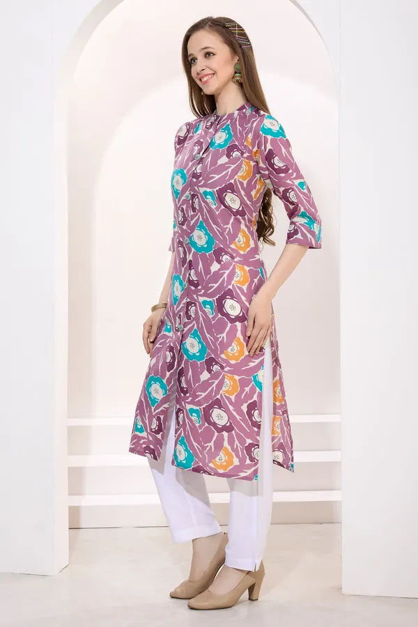 Wine Linen Cotton Women Long Kurta With Ban Collar