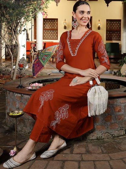 Women Embroidered Empire Sequinned Pure Cotton Kurta with Trousers