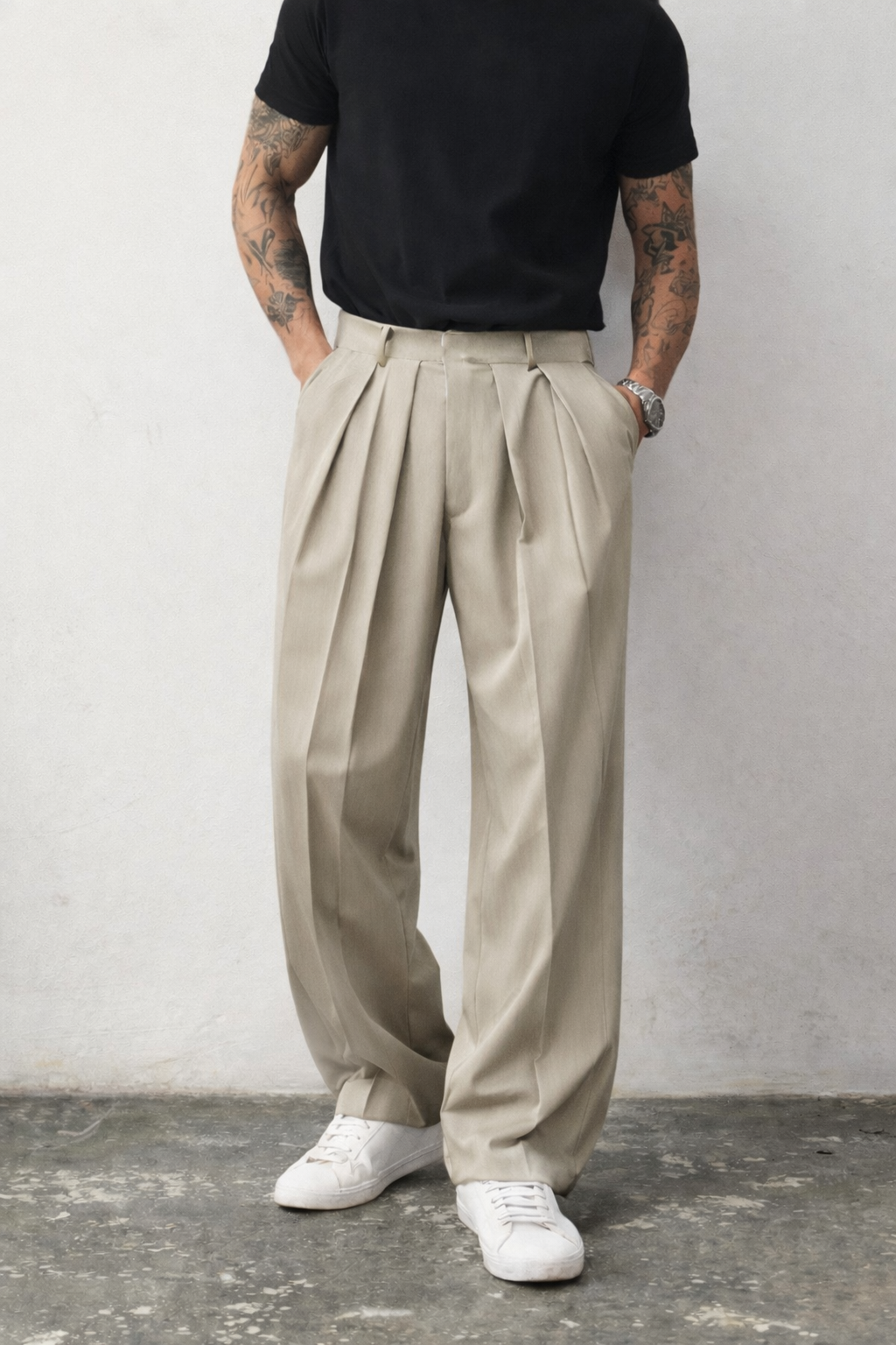 Neat Pleated Tailored Linen Pants - Light Grey