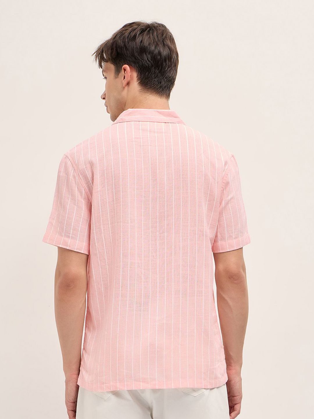 Relaxed Fit Vertical Striped Short Sleeves Linen Shirt
