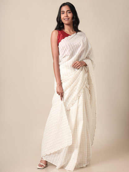 Mulla Off White Checked Saree