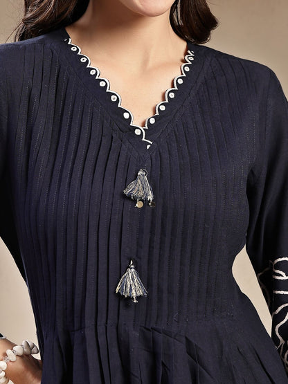 Embroidered Pure Cotton V Neck Tunic With Trousers