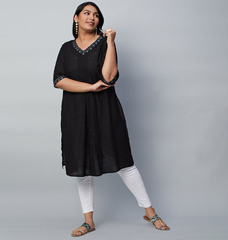 PLUS SIZE BLACK SLUB KURTA | XL - 6XL