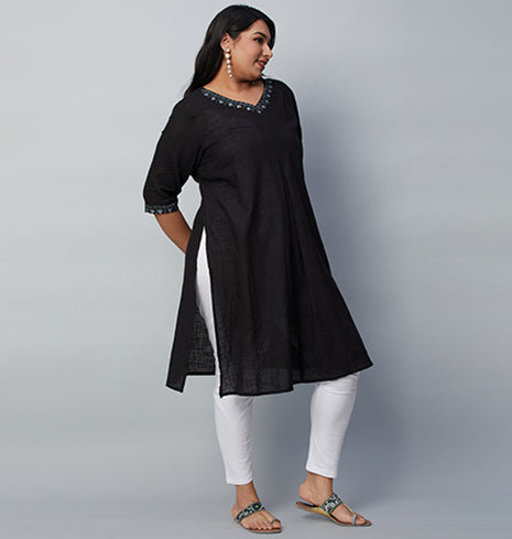 PLUS SIZE BLACK SLUB KURTA | XL - 6XL