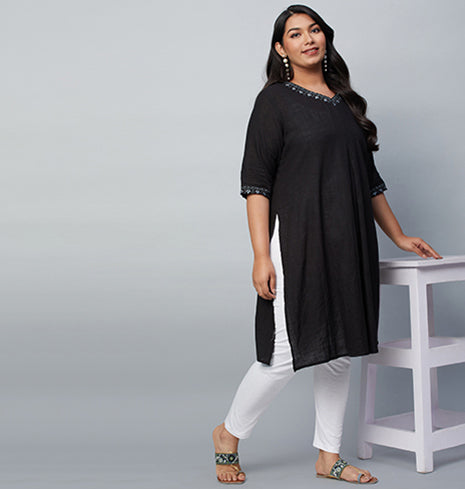 PLUS SIZE BLACK SLUB KURTA | XL - 6XL