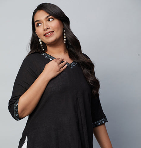 PLUS SIZE BLACK SLUB KURTA | XL - 6XL