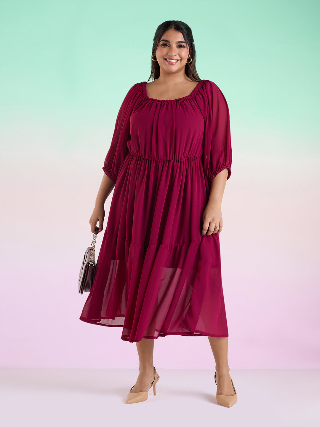 PLUS SIZE WINE TIERED GEORGETTE DRESS | XL - 6XL