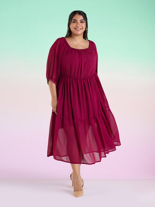 PLUS SIZE WINE TIERED GEORGETTE DRESS | XL - 6XL