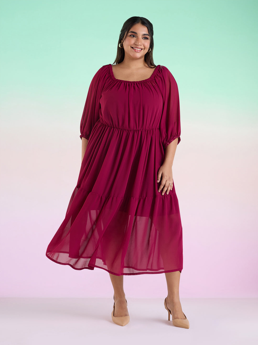 PLUS SIZE WINE TIERED GEORGETTE DRESS | XL - 6XL