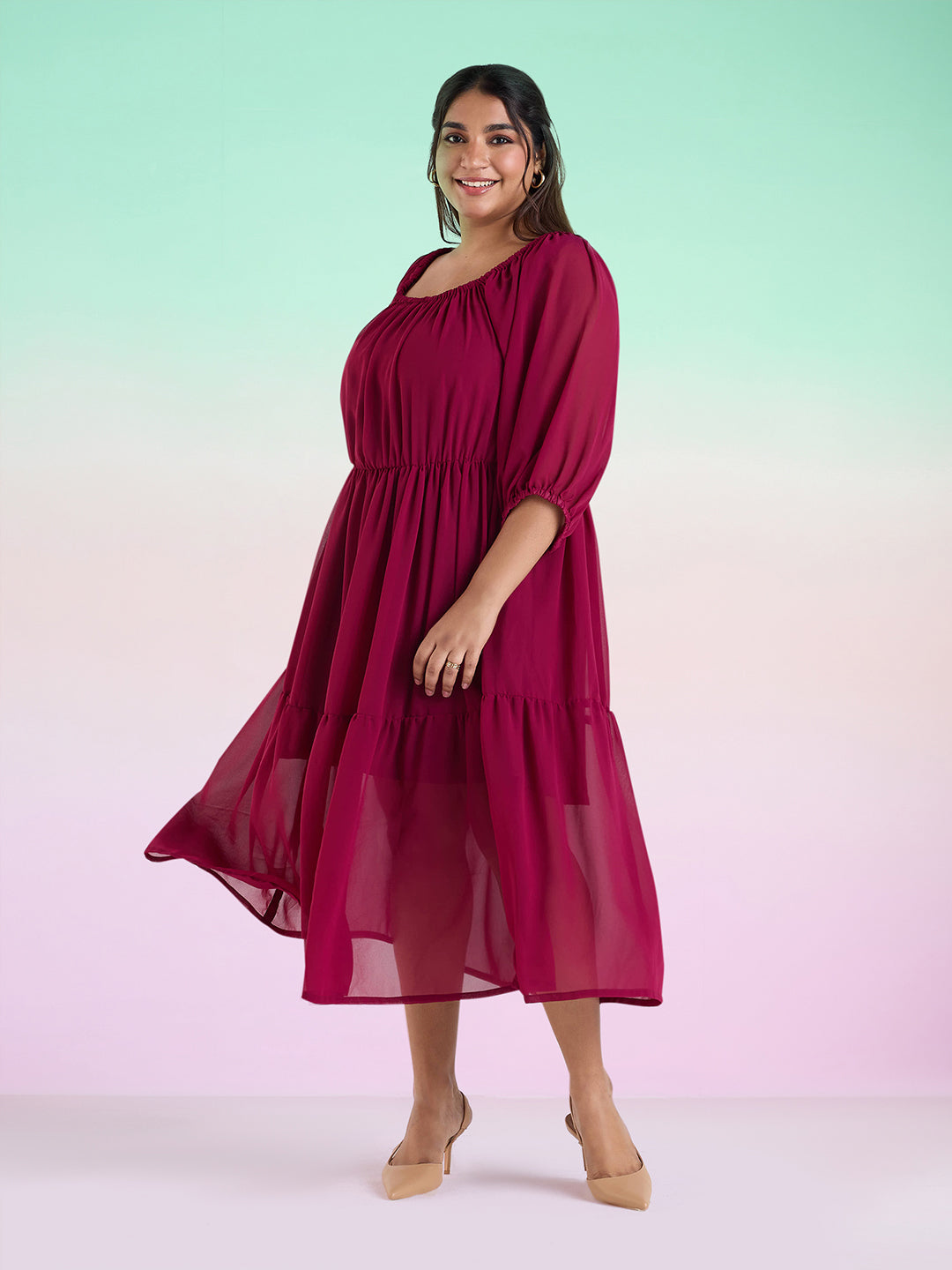 PLUS SIZE WINE TIERED GEORGETTE DRESS | XL - 6XL