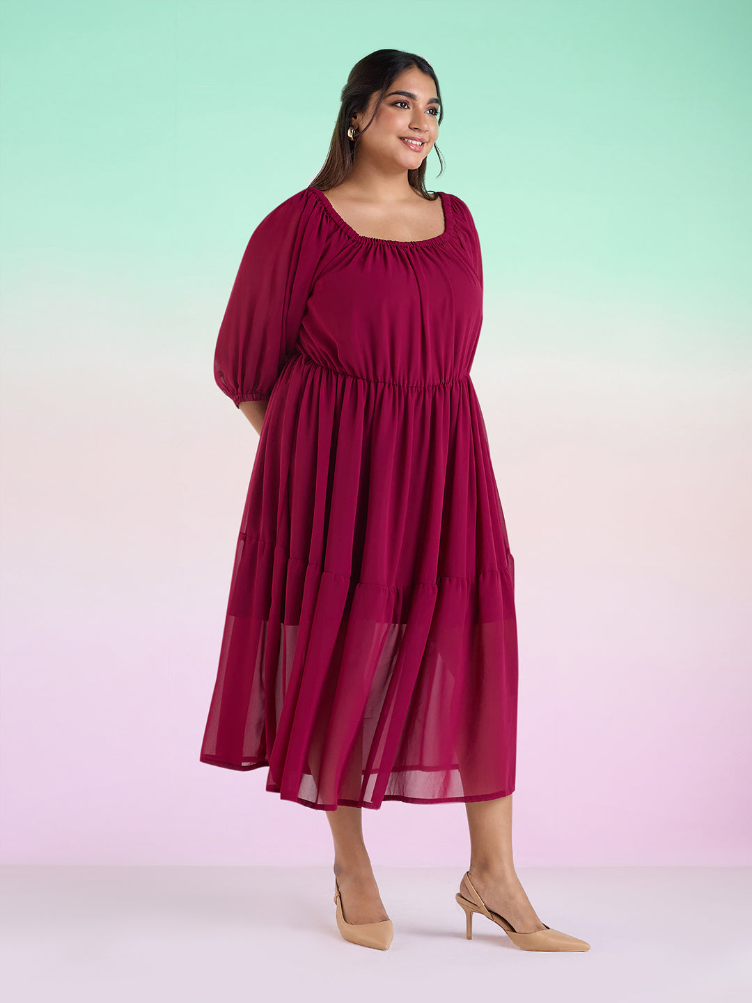 PLUS SIZE WINE TIERED GEORGETTE DRESS | XL - 6XL
