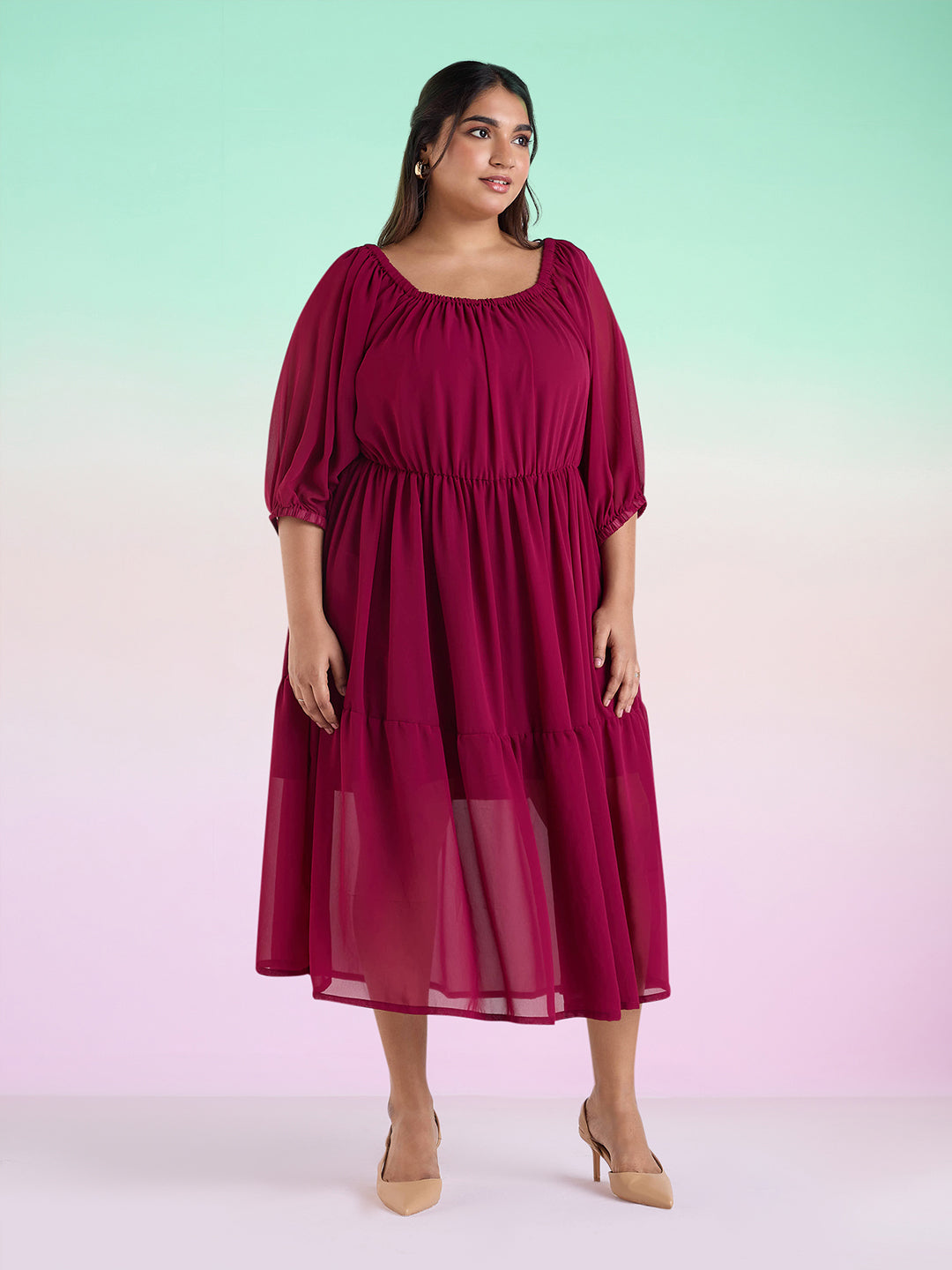 PLUS SIZE WINE TIERED GEORGETTE DRESS | XL - 6XL