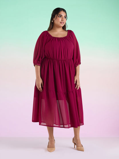 PLUS SIZE WINE TIERED GEORGETTE DRESS | XL - 6XL