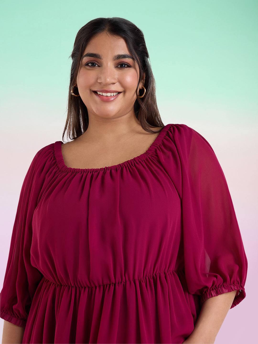 PLUS SIZE WINE TIERED GEORGETTE DRESS | XL - 6XL