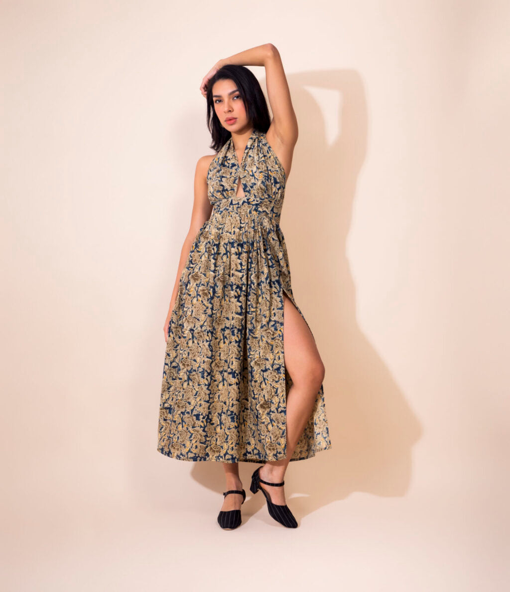 Kalamkari Cotton Halter Dress | Blue