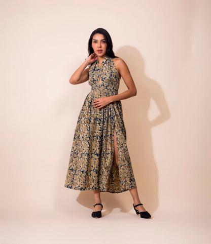 Kalamkari Cotton Halter Dress | Blue